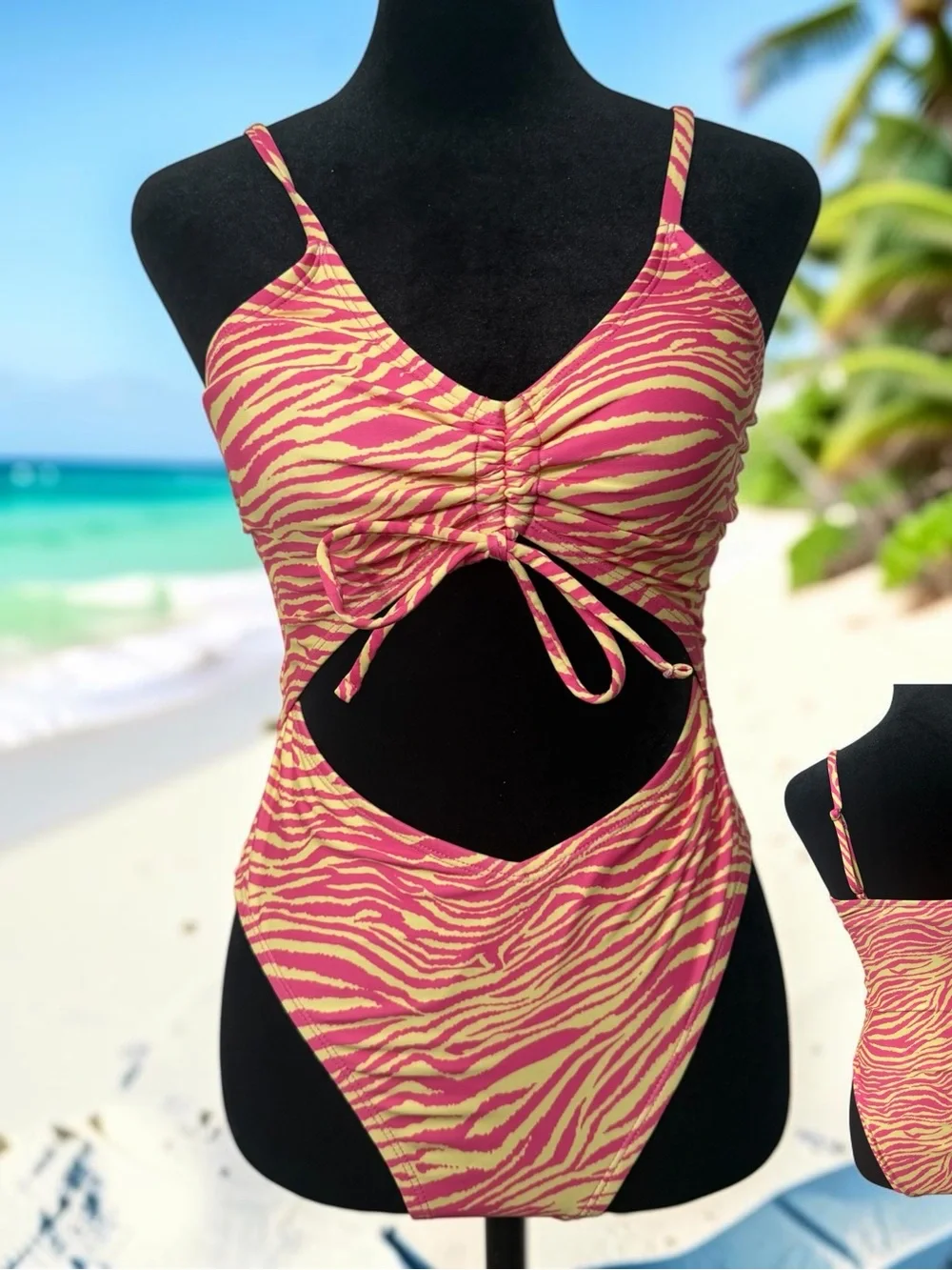 Fashion Nova Pink and Yellow Zebra Cutout One-Piece Swimsuit